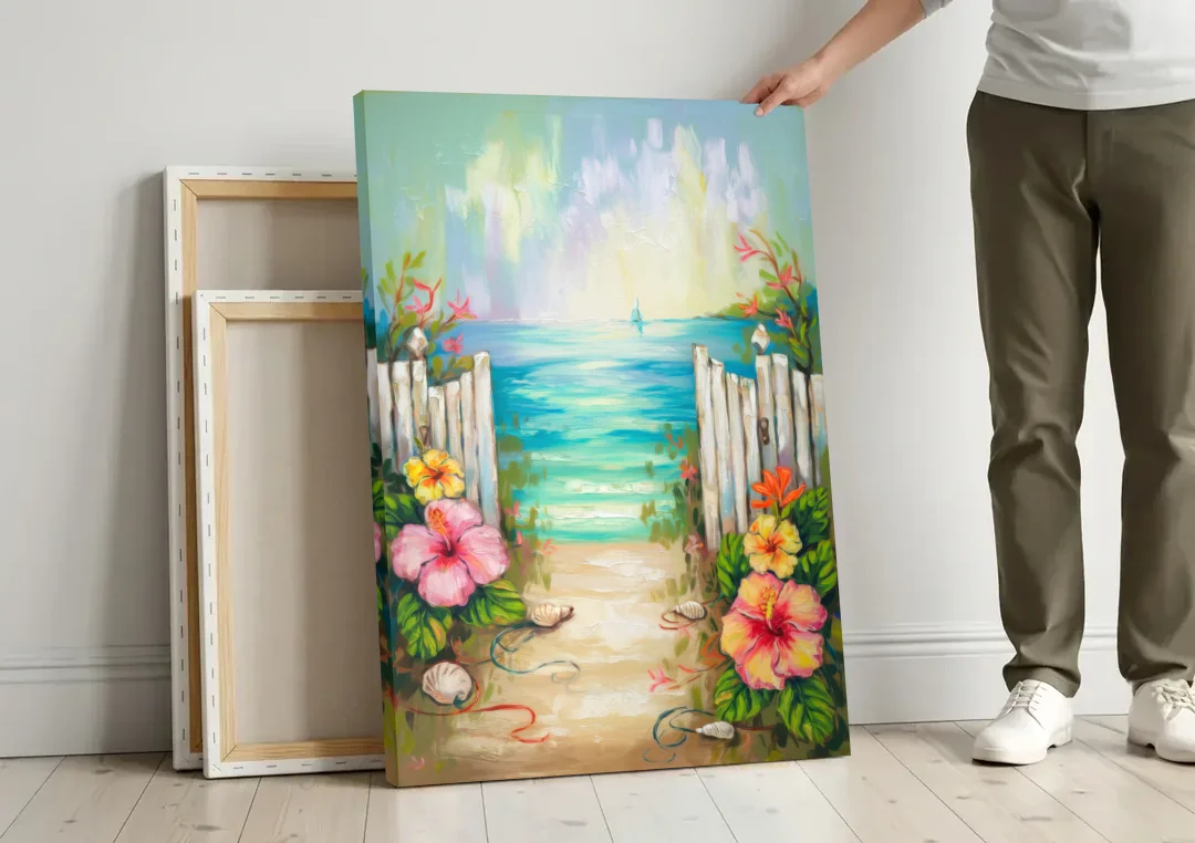Key West Nautical Charm canvas wall art leaning against a wall next to blank canvases