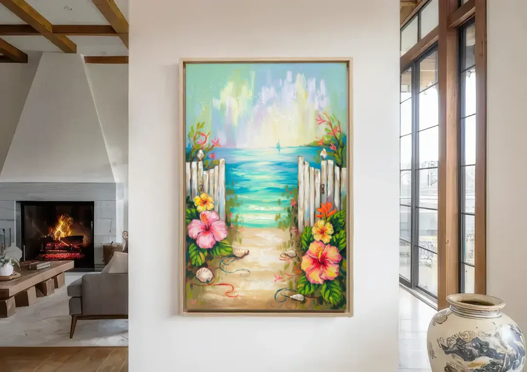 Key West Nautical Charm canvas wall art in a living room with a fireplace