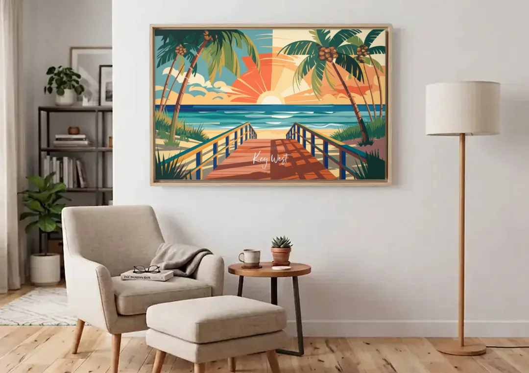 Key West Ocean Breeze canvas wall art above an armchair in a bright living room