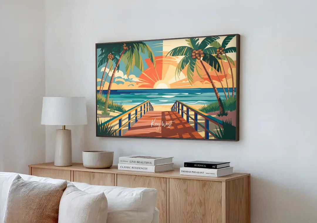 Key West Ocean Breeze canvas wall art above a wooden sideboard next to a sofa