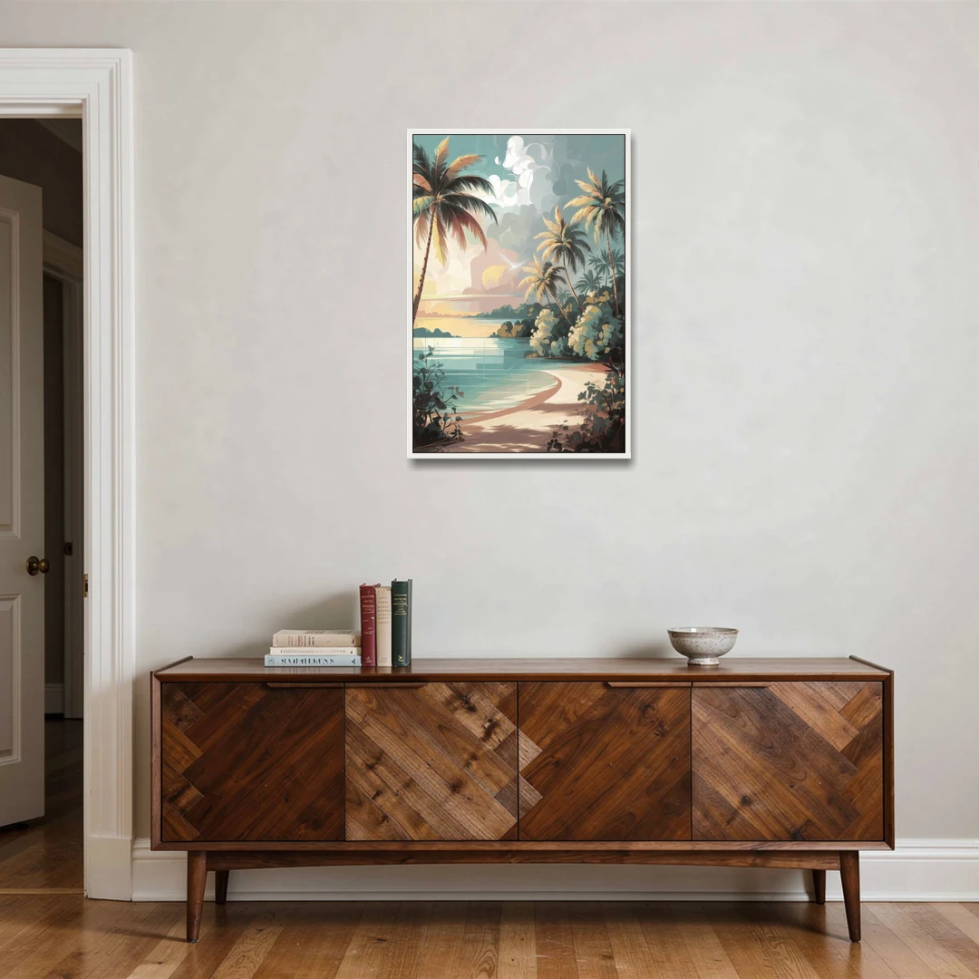 Key West Palm Tree Serenity - White Framed Canvas Wall Art - Coffee Table - 24x36