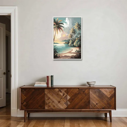 Key West Palm Tree Serenity - White Framed Canvas Wall Art - Coffee Table - 24x36