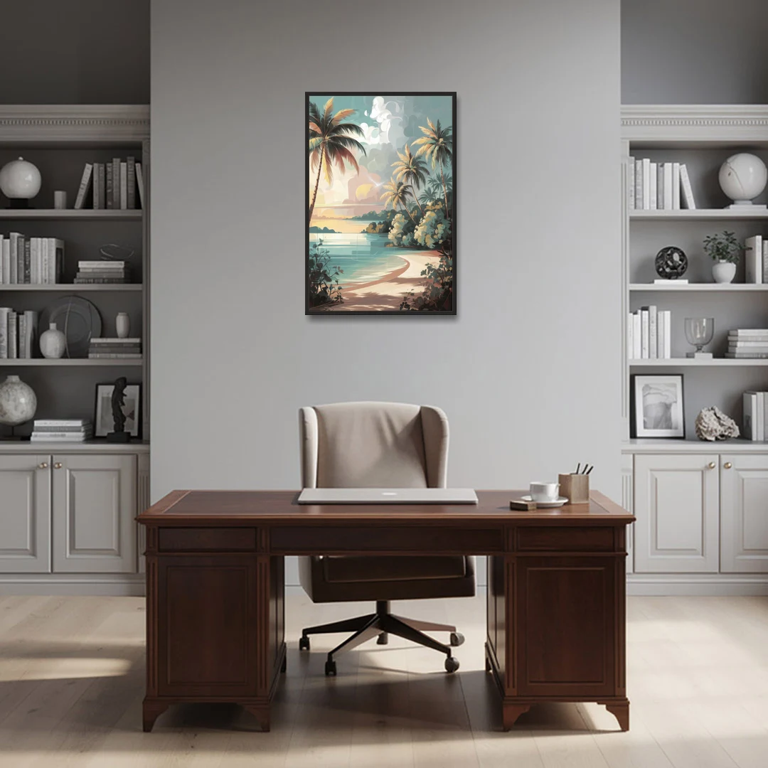 Key West Palm Tree Serenity - Black Framed Canvas Wall Art - Office - 24x36