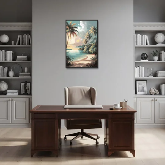Key West Palm Tree Serenity - Black Framed Canvas Wall Art - Office - 24x36
