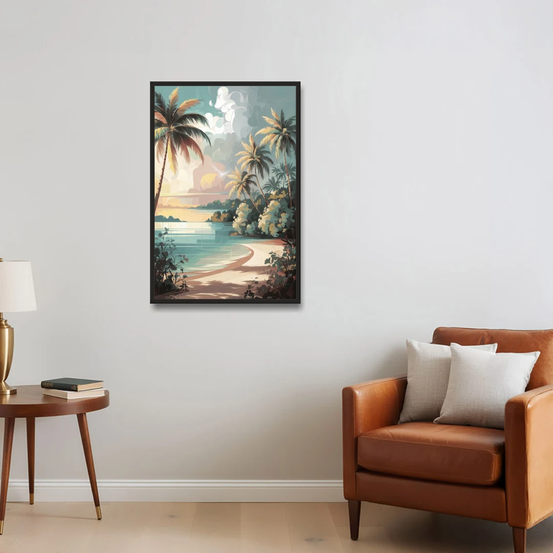 Key West Palm Tree Serenity - Black Framed Canvas Wall Art - Sofa - 24x36