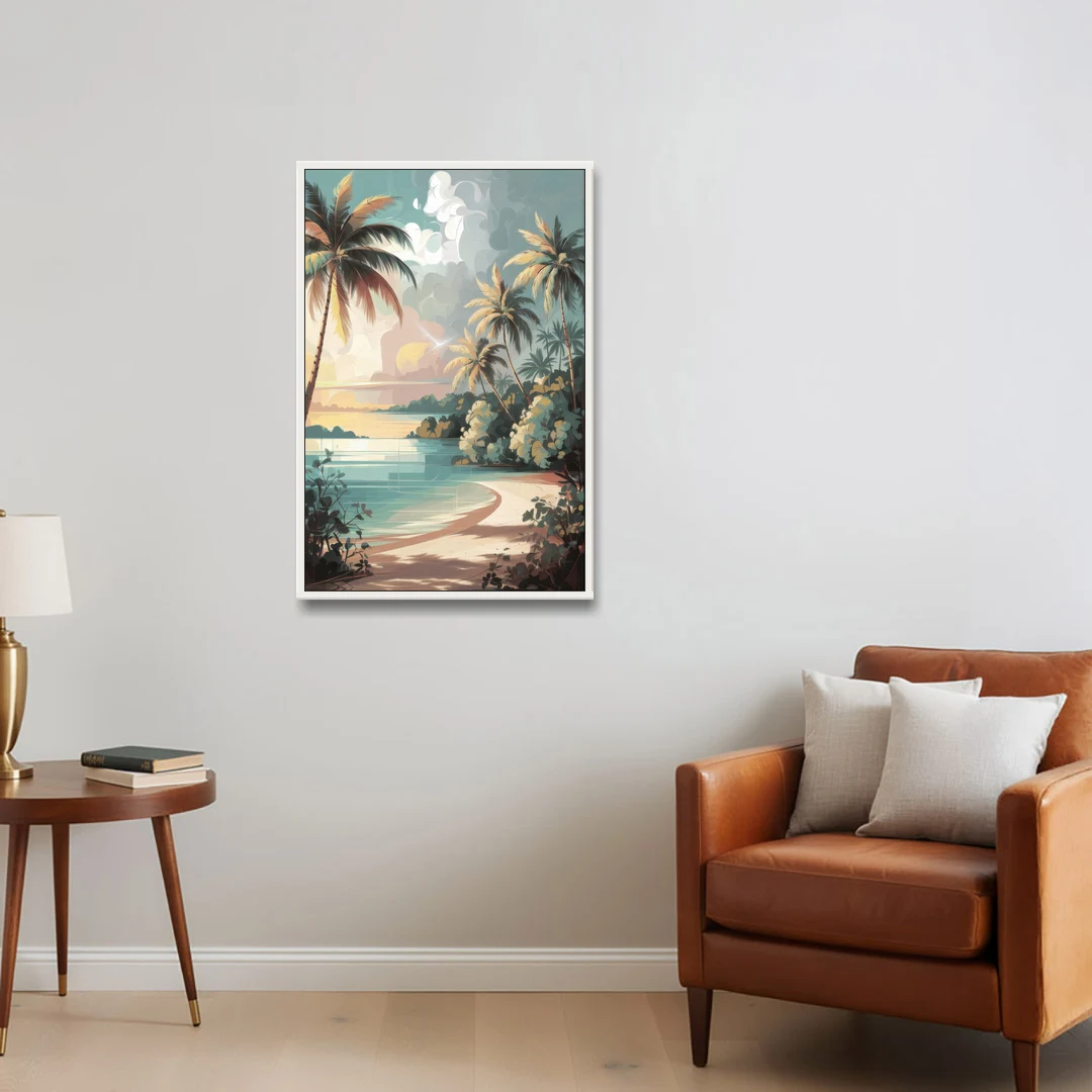 Key West Palm Tree Serenity - White Framed Canvas Wall Art - Sofa - 24x36