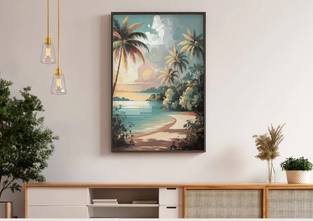 Key West Palm Tree Serenity canvas wall art above a wooden sideboard under pendant lights
