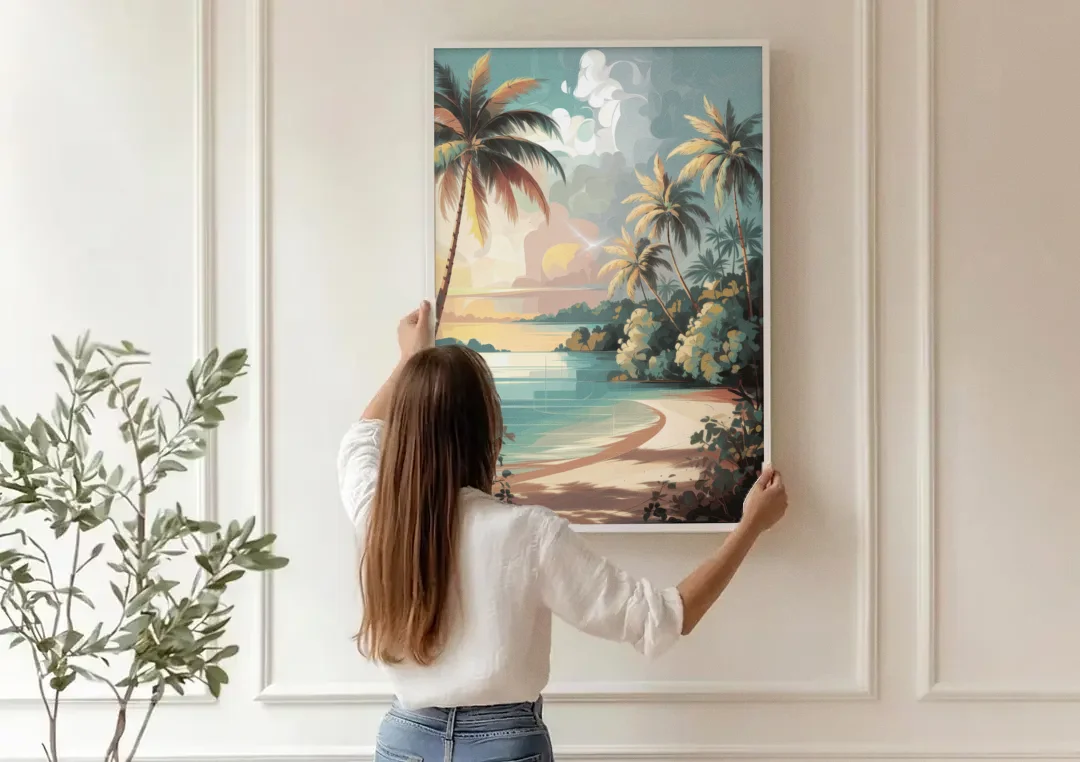 Key West Palm Tree Serenity canvas wall art being hung on a paneled wall