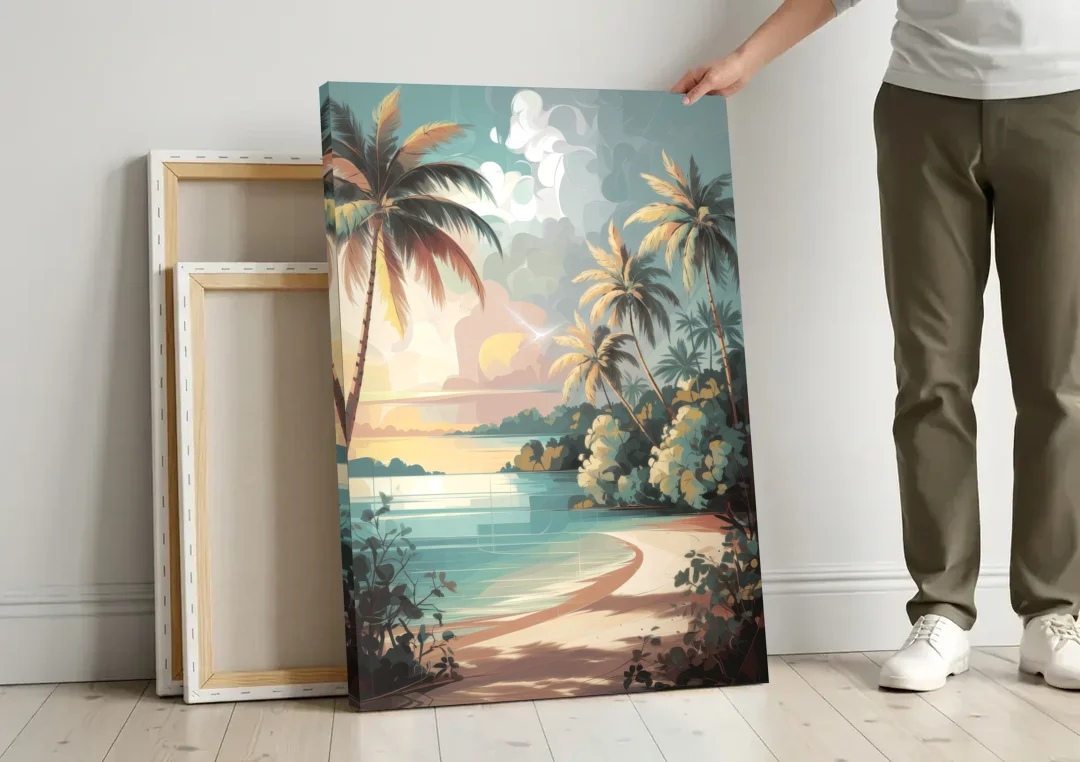 Key West Palm Tree Serenity canvas wall art leaning against a wall next to blank canvases
