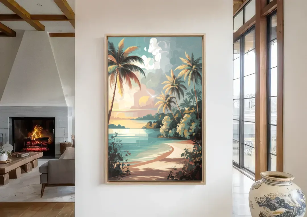 Key West Palm Tree Serenity canvas wall art in a living room with a fireplace