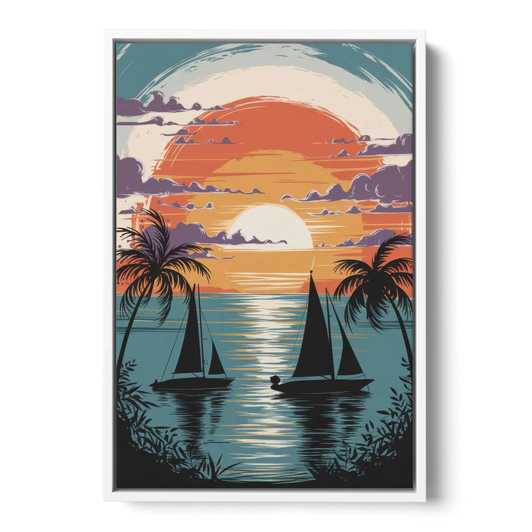 Key West Sunset Over Water - White Framed Canvas Wall Art - Front