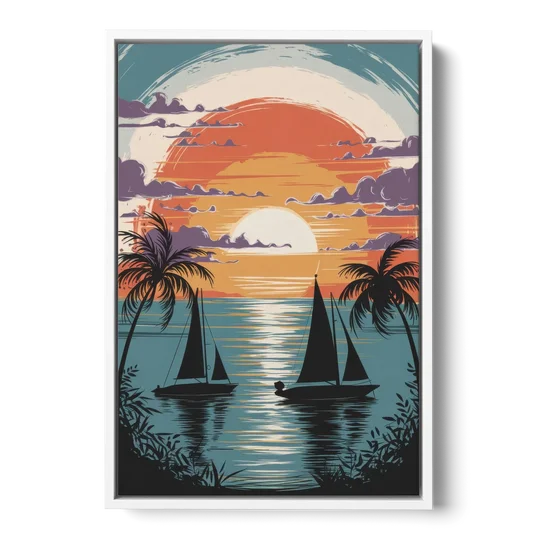 Key West Sunset Over Water - White Framed Canvas Wall Art - Front