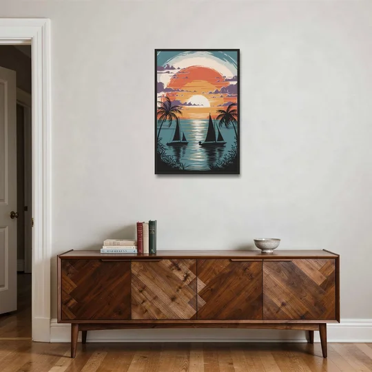 Key West Sunset Over Water - Black Framed Canvas Wall Art - Coffee Table - 24x36