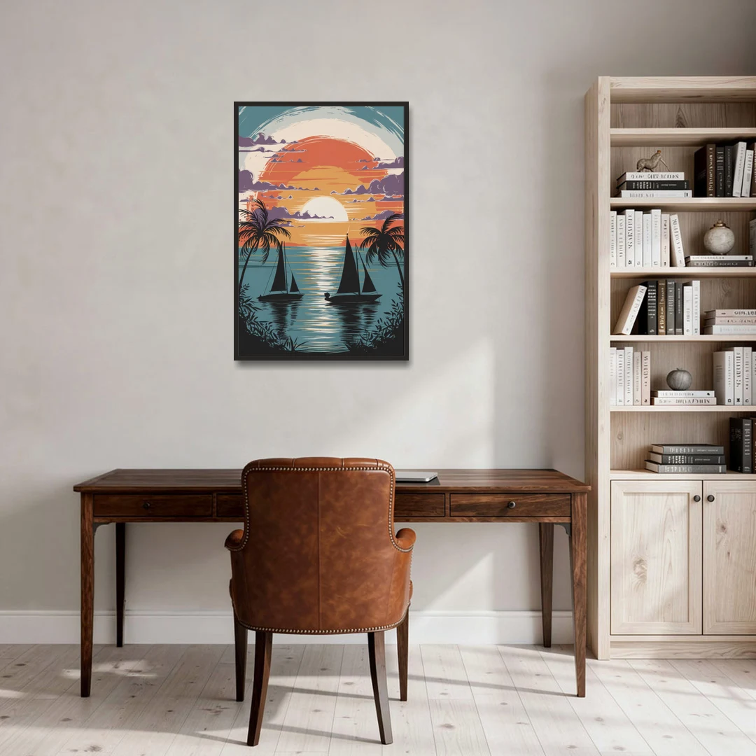 Key West Sunset Over Water - Black Framed Canvas Wall Art - Office - 24x36