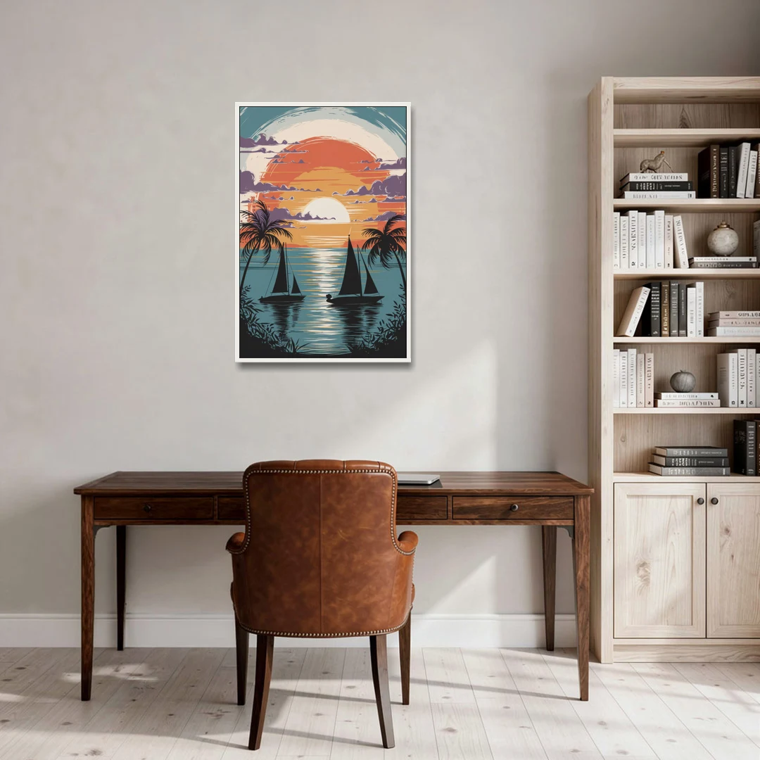 Key West Sunset Over Water - White Framed Canvas Wall Art - Office - 24x36