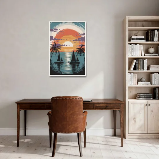 Key West Sunset Over Water - White Framed Canvas Wall Art - Office - 24x36