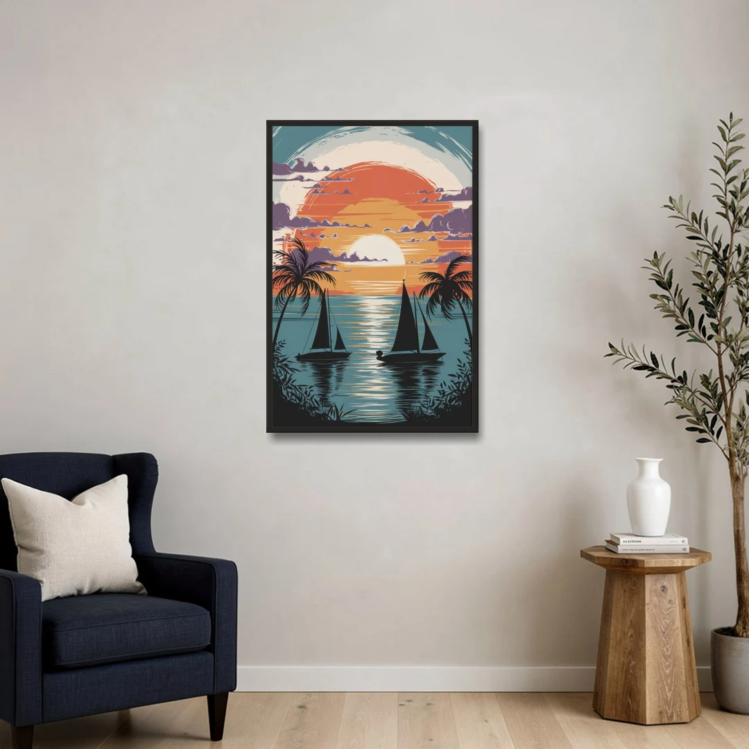 Key West Sunset Over Water - Black Framed Canvas Wall Art - Sofa - 24x36