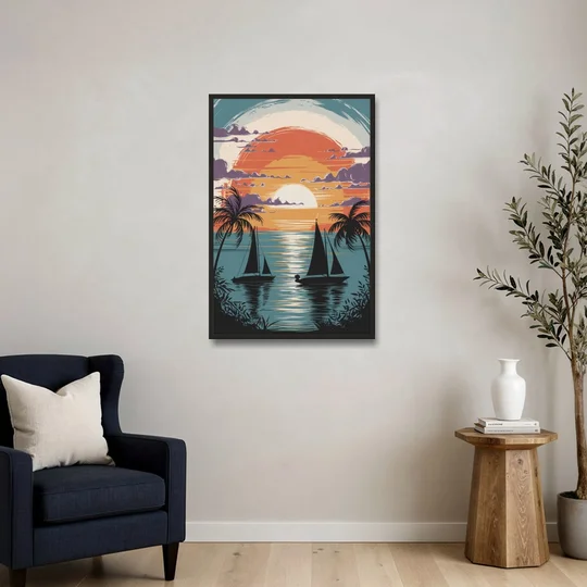 Key West Sunset Over Water - Black Framed Canvas Wall Art - Sofa - 24x36
