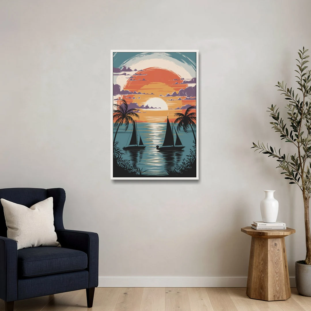 Key West Sunset Over Water - White Framed Canvas Wall Art - Sofa - 24x36