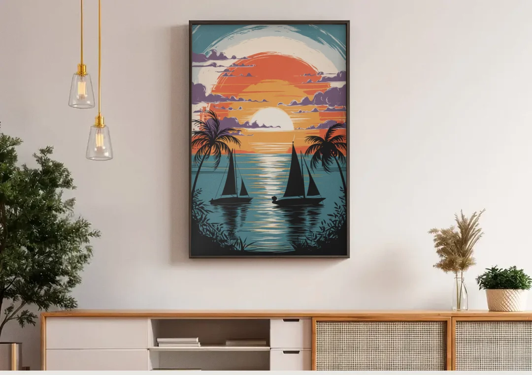 Key West Sunset Over Water canvas wall art above a wooden sideboard under pendant lights