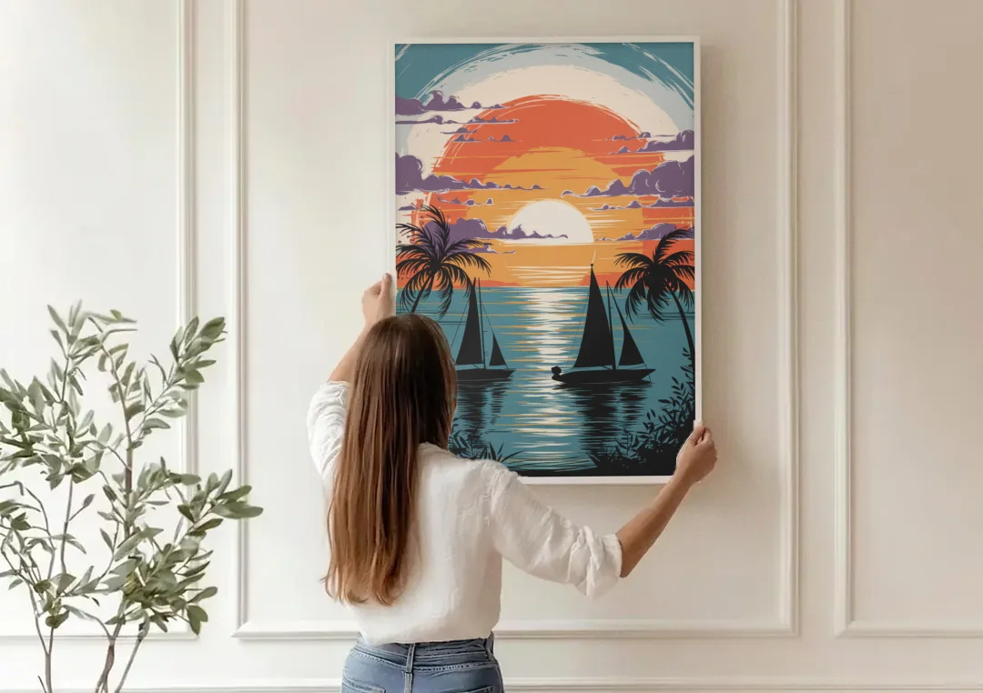 Key West Sunset Over Water canvas wall art being hung on a paneled wall