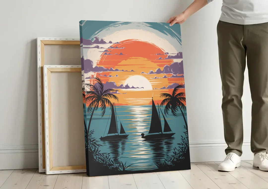 Key West Sunset Over Water canvas wall art leaning against a wall next to blank canvases