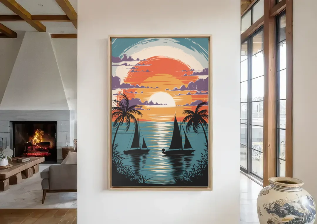Key West Sunset Over Water canvas wall art in a living room with a fireplace