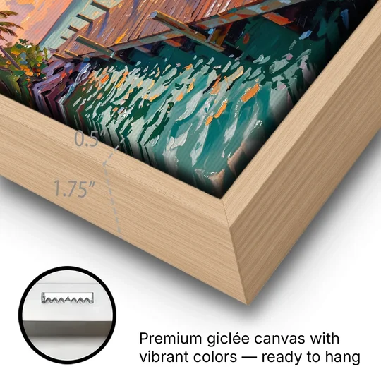 Key West Tropical Sunset - Oak Framed Canvas Wall Art - Gallery Wrap Corner