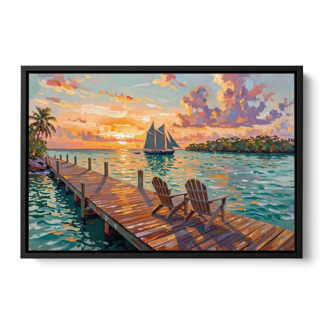 Key West Tropical Sunset - Black Framed Canvas Wall Art - Front