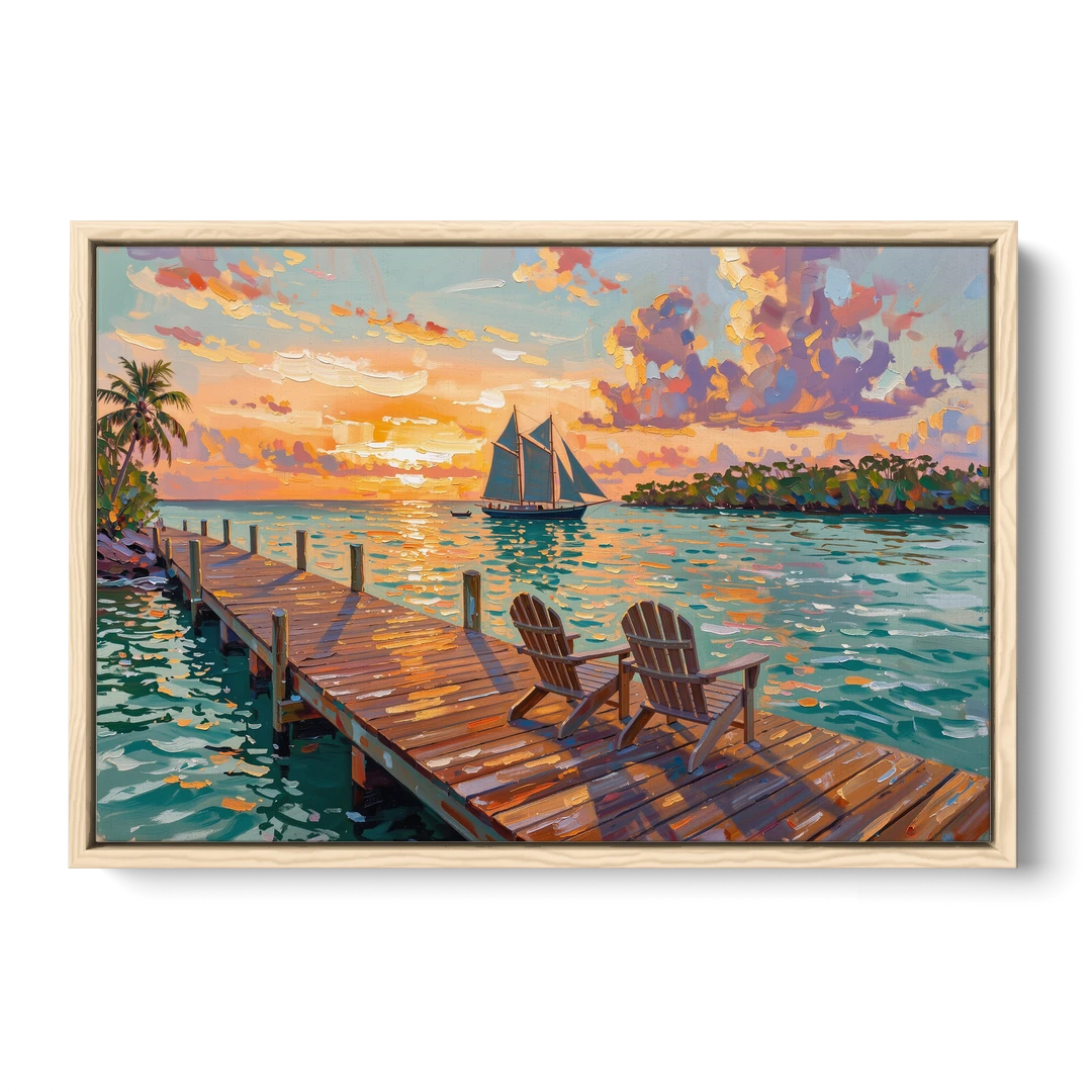 Key West Tropical Sunset - Oak Framed Canvas Wall Art - Front