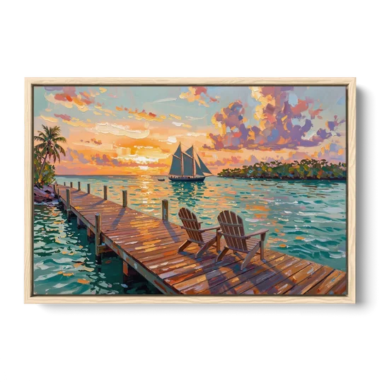 Key West Tropical Sunset - Oak Framed Canvas Wall Art - Front