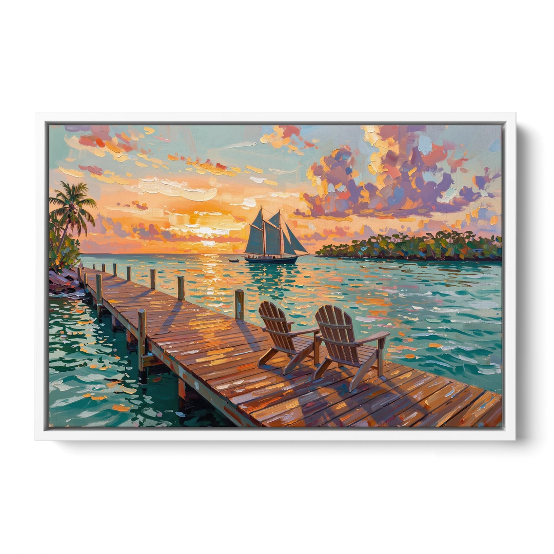 Key West Tropical Sunset - White Framed Canvas Wall Art - Front