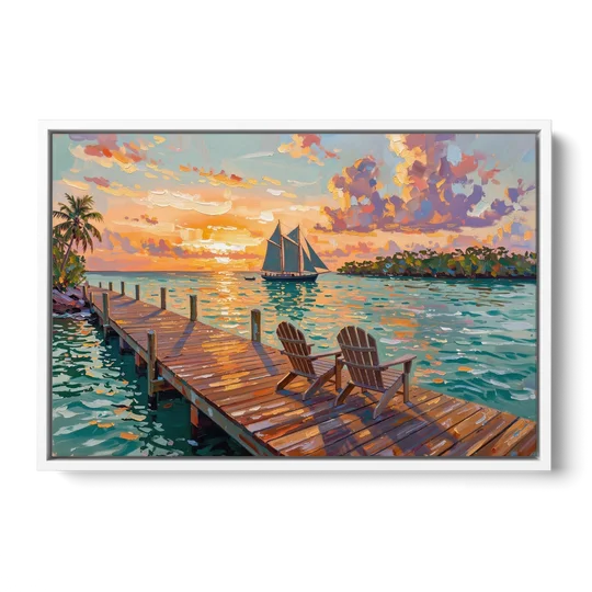 Key West Tropical Sunset - White Framed Canvas Wall Art - Front