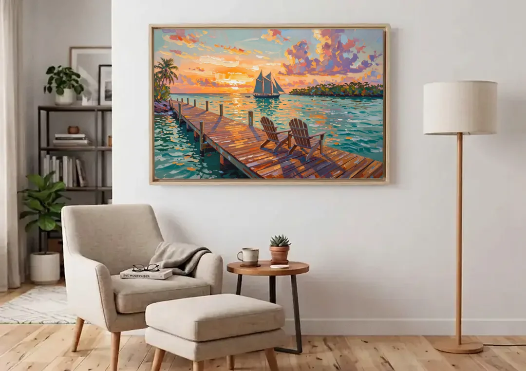 Key West Tropical Sunset canvas wall art above an armchair in a bright living room