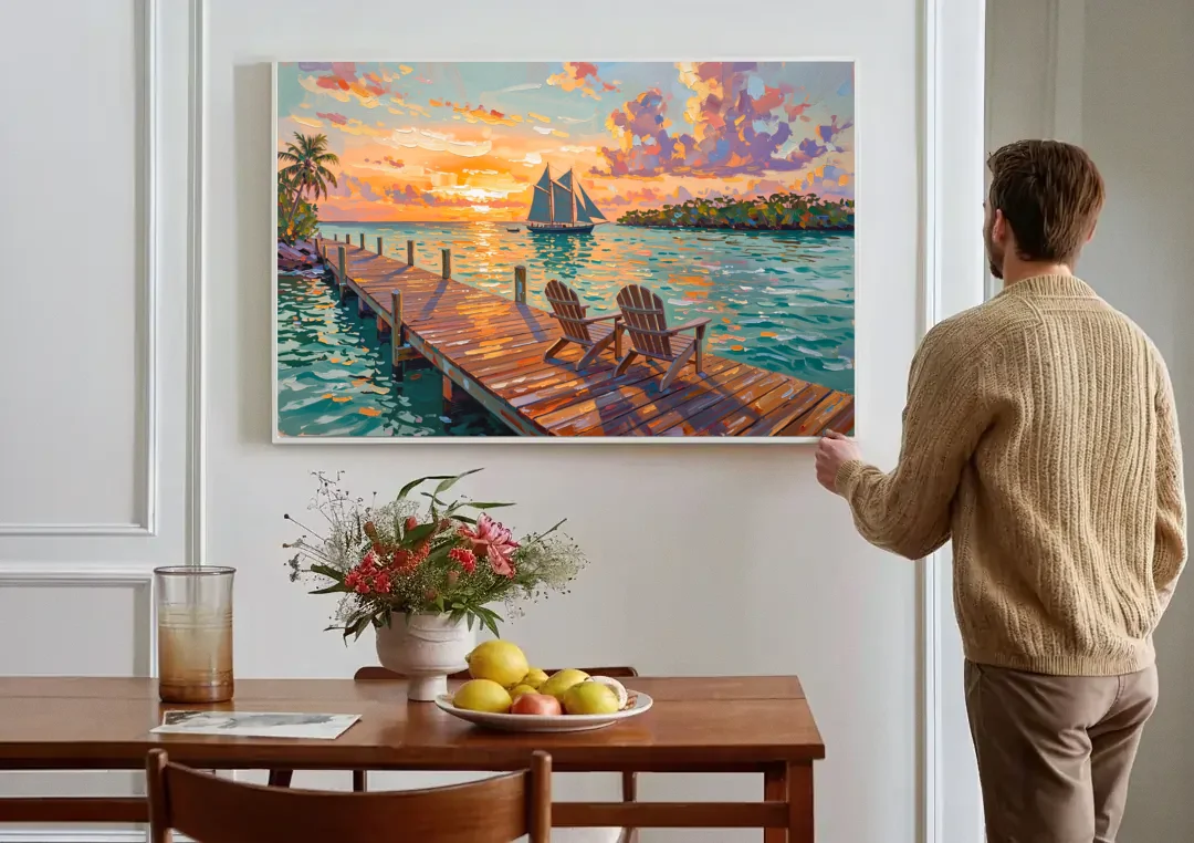 Key West Tropical Sunset canvas wall art above a dining table