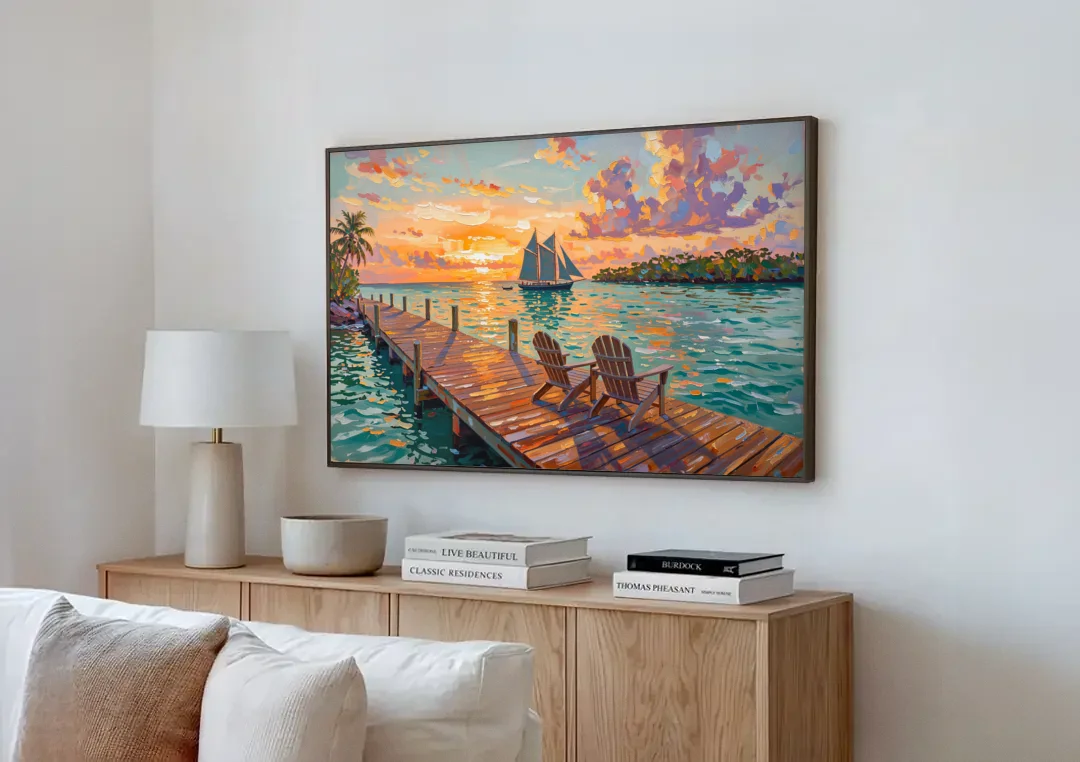 Key West Tropical Sunset canvas wall art above a wooden sideboard next to a sofa