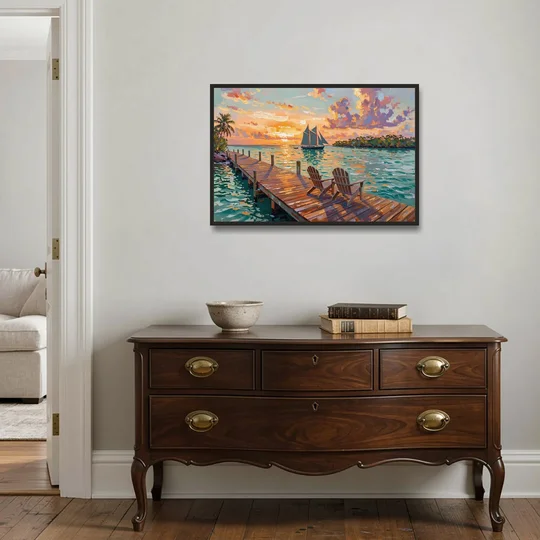 Key West Tropical Sunset - Black Framed Canvas Wall Art - Coffee Table - 36x24