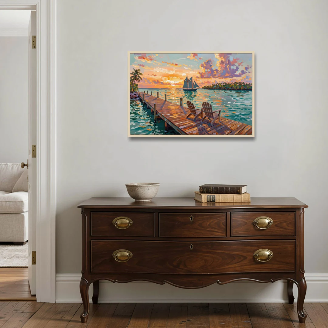 Key West Tropical Sunset - Oak Framed Canvas Wall Art - Coffee Table - 36x24