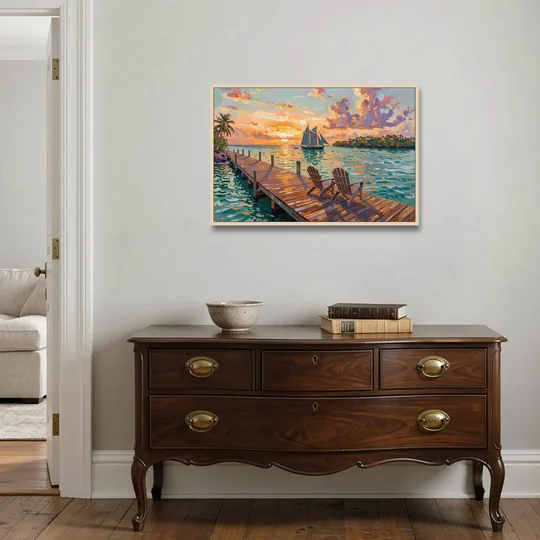 Key West Tropical Sunset - Oak Framed Canvas Wall Art - Coffee Table - 36x24