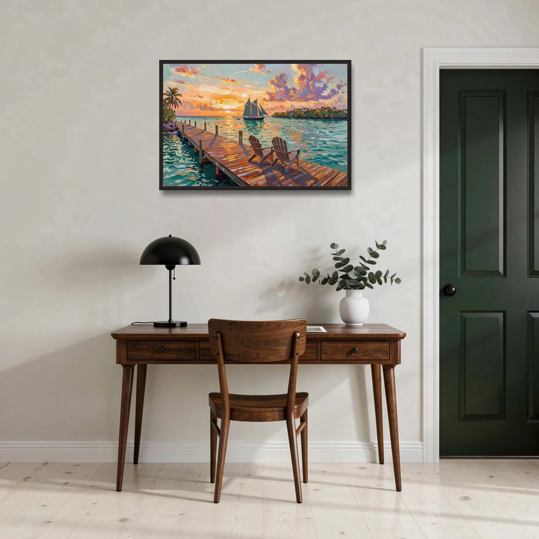 Key West Tropical Sunset - Black Framed Canvas Wall Art - Office - 36x24