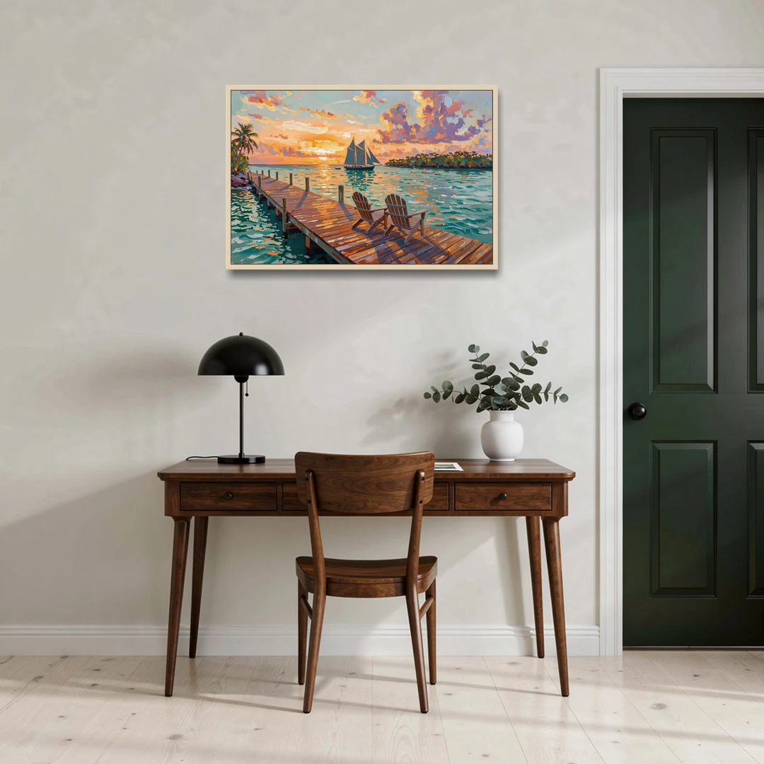 Key West Tropical Sunset - Oak Framed Canvas Wall Art - Office - 36x24