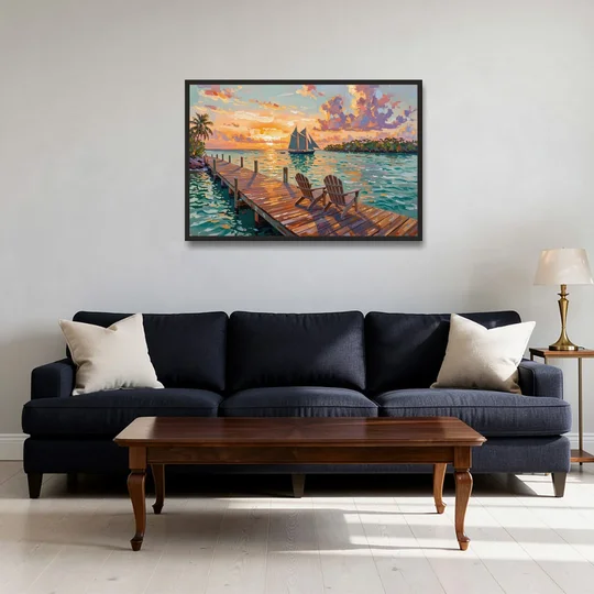 Key West Tropical Sunset - Black Framed Canvas Wall Art - Sofa - 36x24