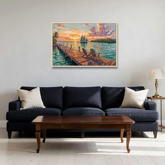 Key West Tropical Sunset - Oak Framed Canvas Wall Art - Sofa - 36x24