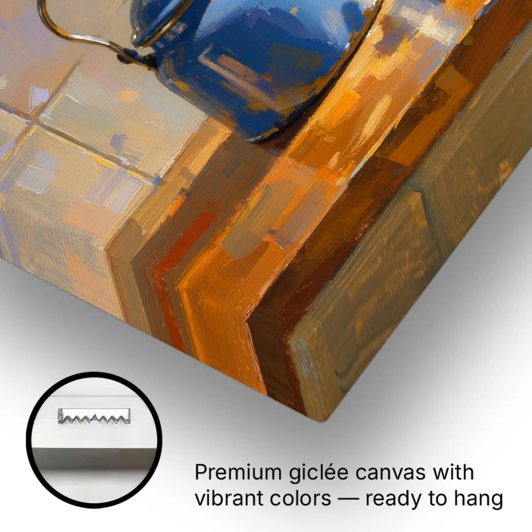 Kitchen Art Prints with a Blue Kettle and Cup - Canvas Wall Art - Gallery Wrap Corner