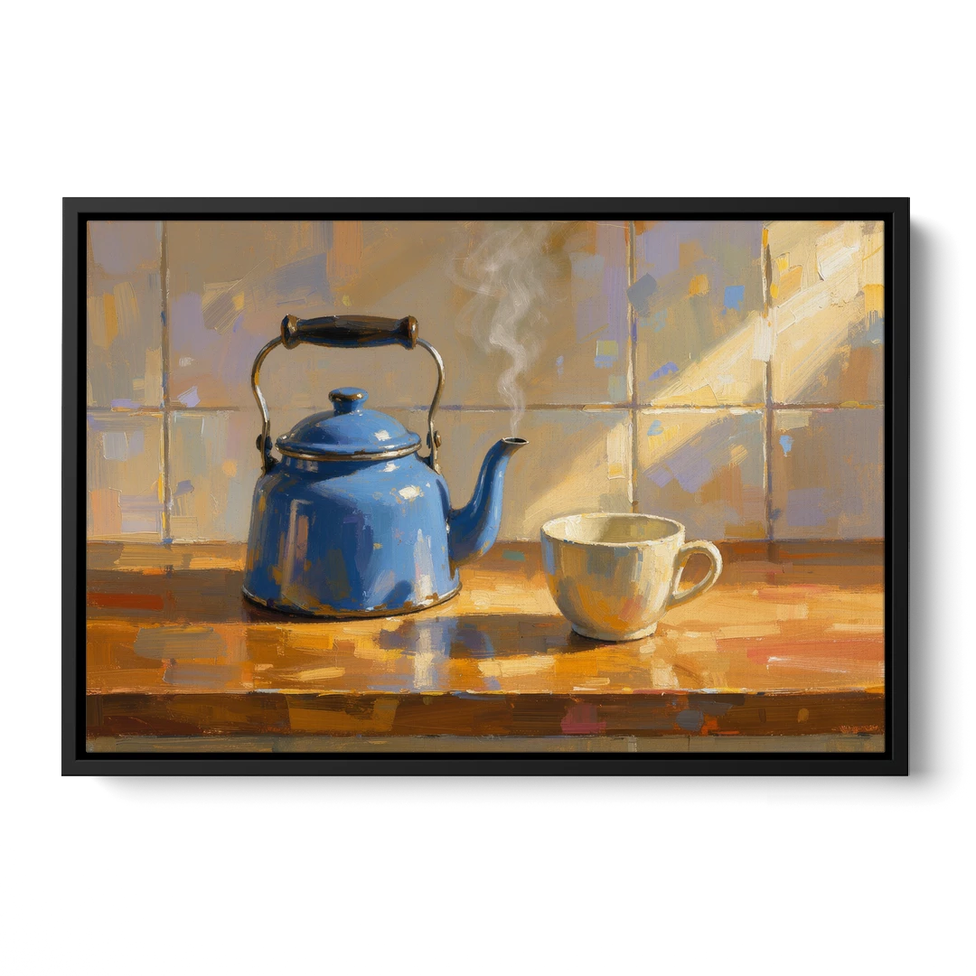 Kitchen Art Prints with a Blue Kettle and Cup - Black Framed Canvas Wall Art - Front