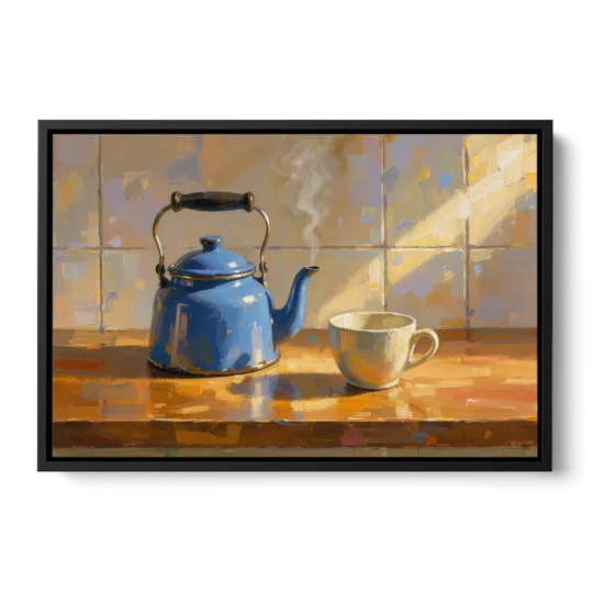 Kitchen Art Prints with a Blue Kettle and Cup - Black Framed Canvas Wall Art - Front