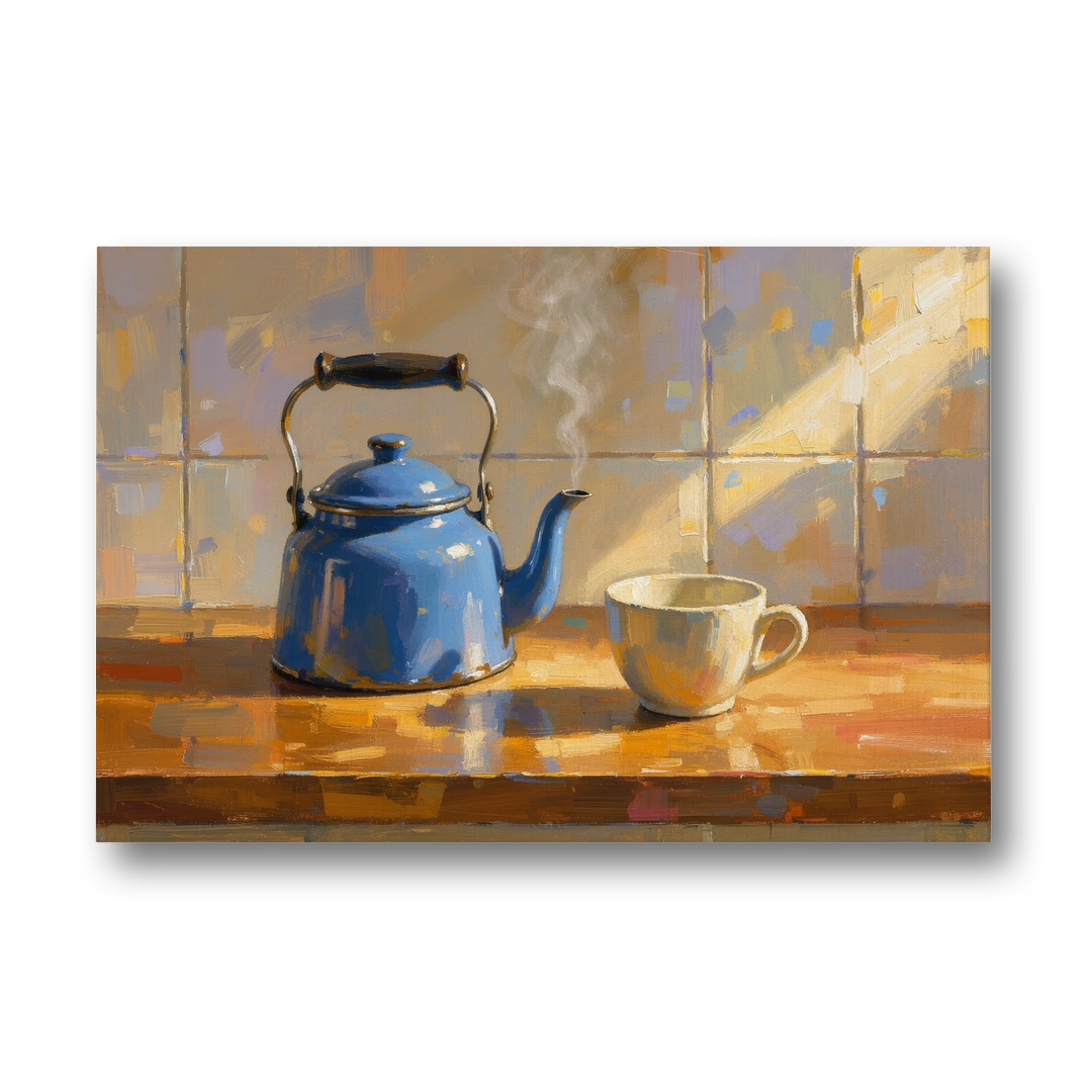 Kitchen Art Prints with a Blue Kettle and Cup - Canvas Wall Art - Front