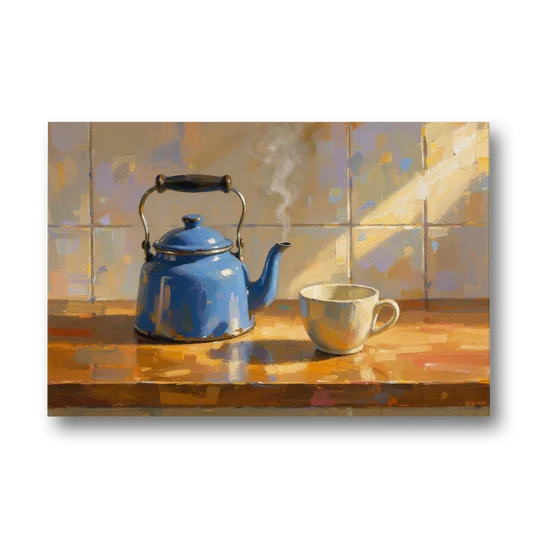 Kitchen Art Prints with a Blue Kettle and Cup - Canvas Wall Art - Front