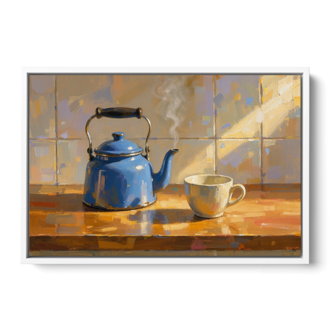 Kitchen Art Prints with a Blue Kettle and Cup - White Framed Canvas Wall Art - Front
