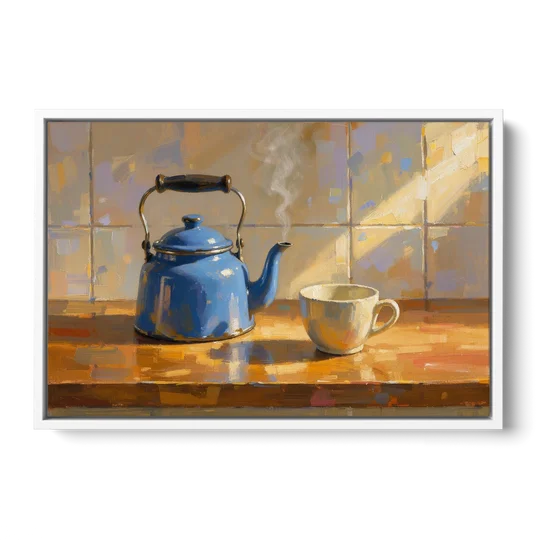 Kitchen Art Prints with a Blue Kettle and Cup - White Framed Canvas Wall Art - Front
